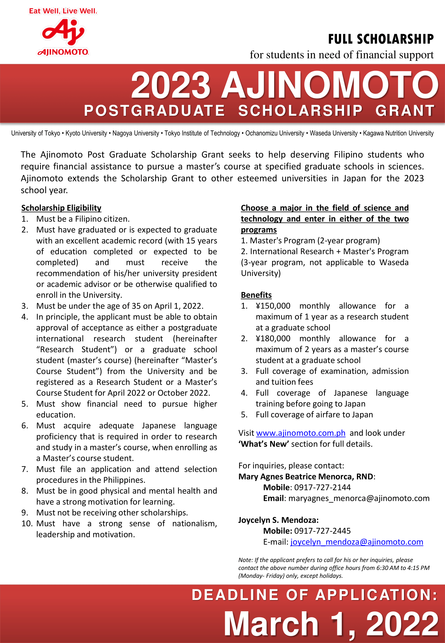 2023 Ajinomoto Postgraduate Scholarship Grant - UP Science